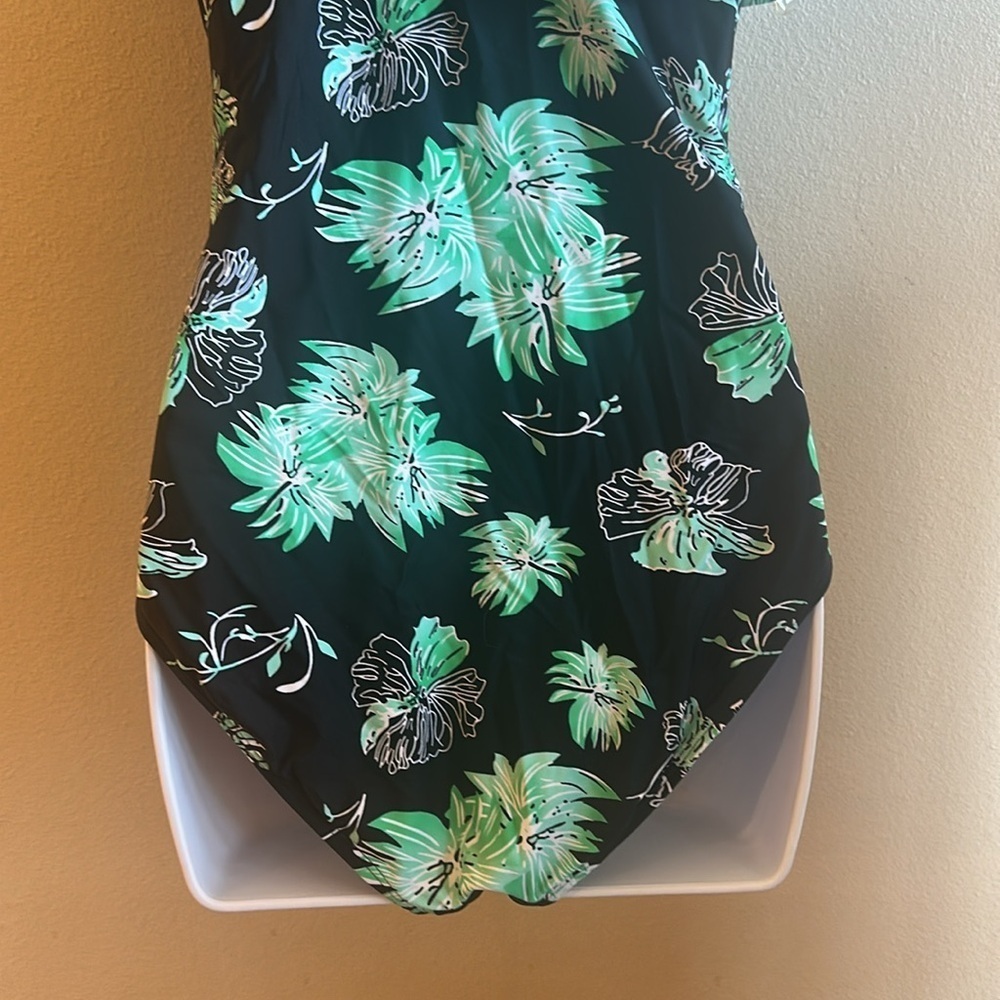 Hilor One Piece Asymmetric One Shoulder Bathing Suit Black/Green Womens Size 10 - Picture 9 of 15